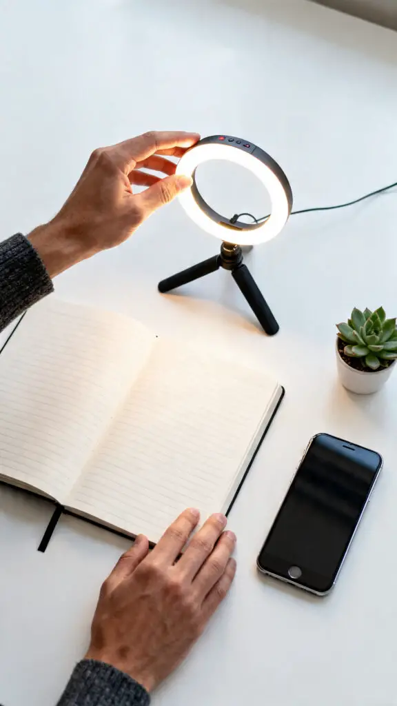A top-down view of a creator using a small portable ring light to perfectly illuminate a phone and notebook layout on a white desk.