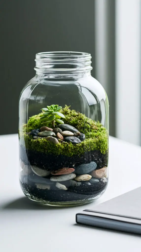 Mason Jar Crafts To Make And Sell 3 A beautifully lit, crisp photograph of a mini succulent terrarium inside a clean mason jar placed on a modern white office desk.