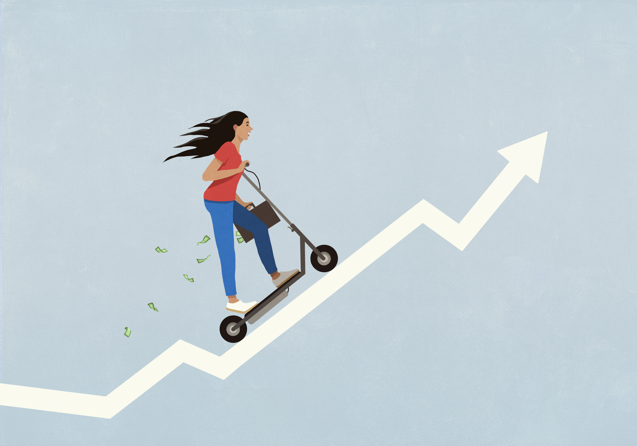 an animation of a woman riding a scooter up a rising arrow