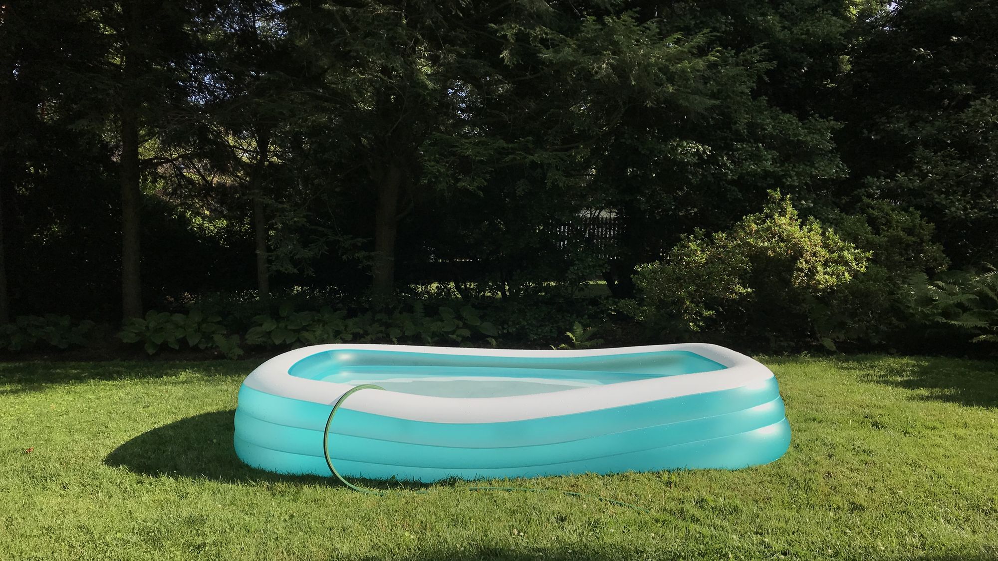 An inflatable pool in a backyard.