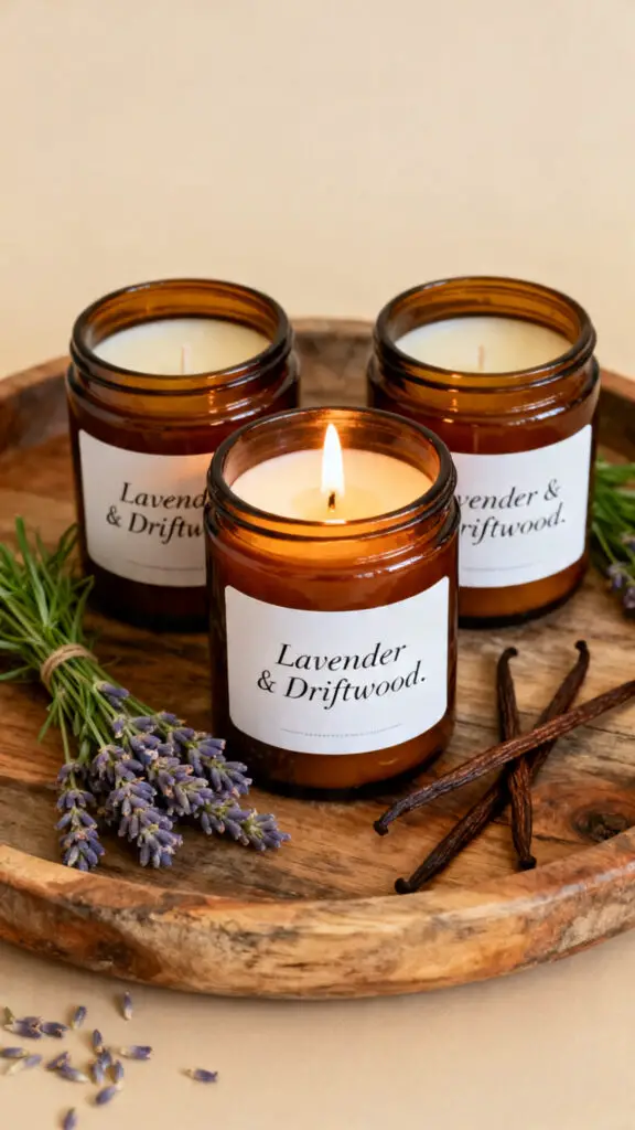 Three artisanal soy candles in amber jars on a wooden tray, with one lit candle casting a warm glow next to sprigs of lavender.