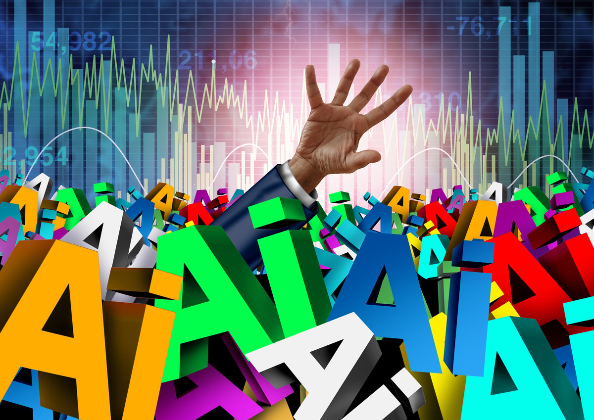 A hand sticking out from a bunch of AI letters. 