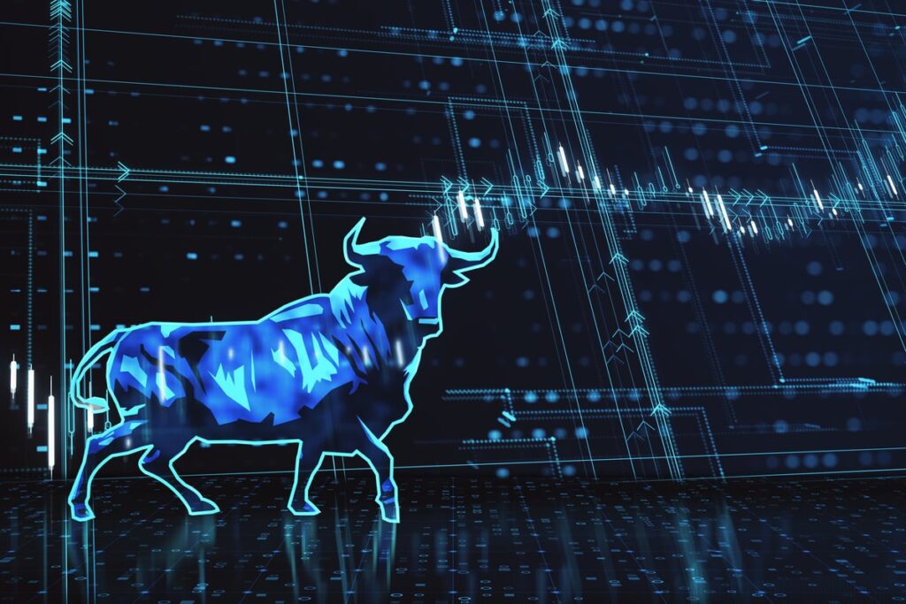 An illustration of a bull in front of a candlestick chart.