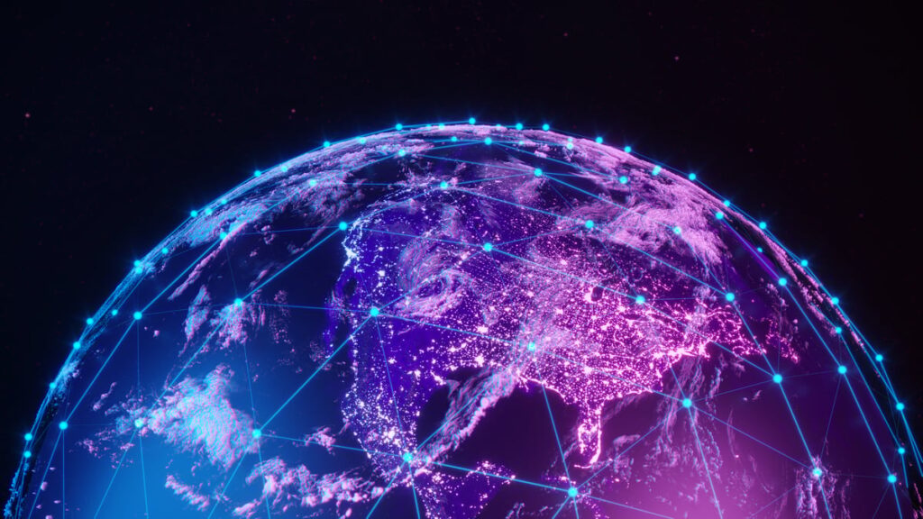 Digital globe with glowing network connections and illuminated cities.