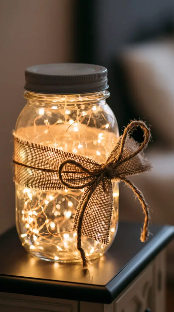 Mason Jar Crafts To Make And Sell 2 A high-end photograph of a decorative glass mason jar filled with warm fairy lights and wrapped in burlap ribbon on a cozy bedroom nightstand.