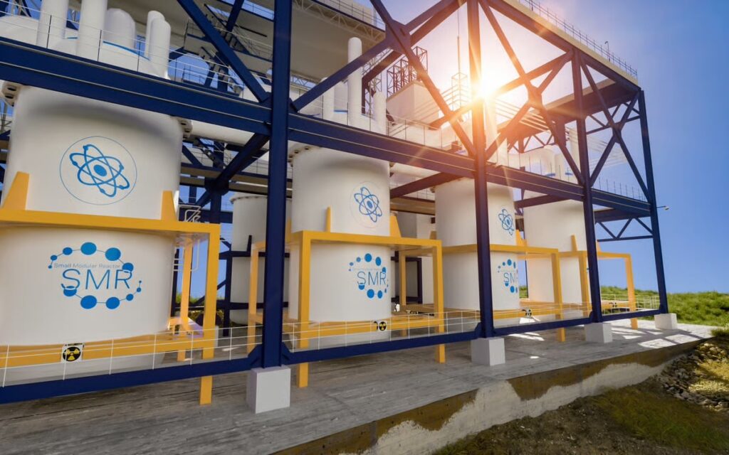 A rendering of an SMR plant at sunrise.