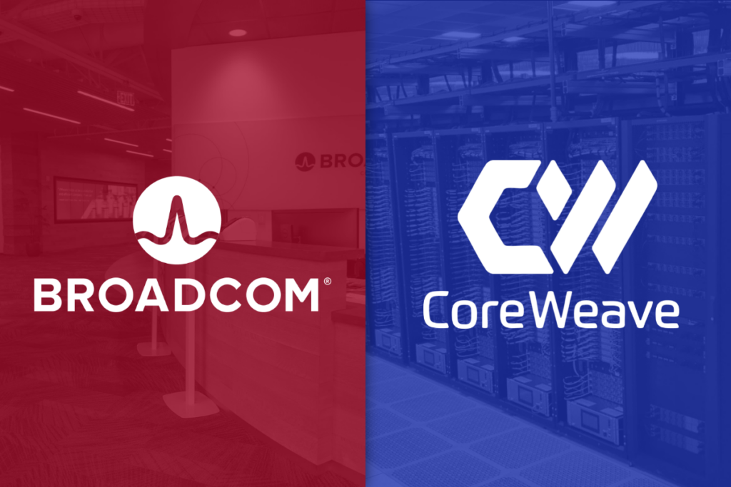Broadcom and CoreWeave's logos.
