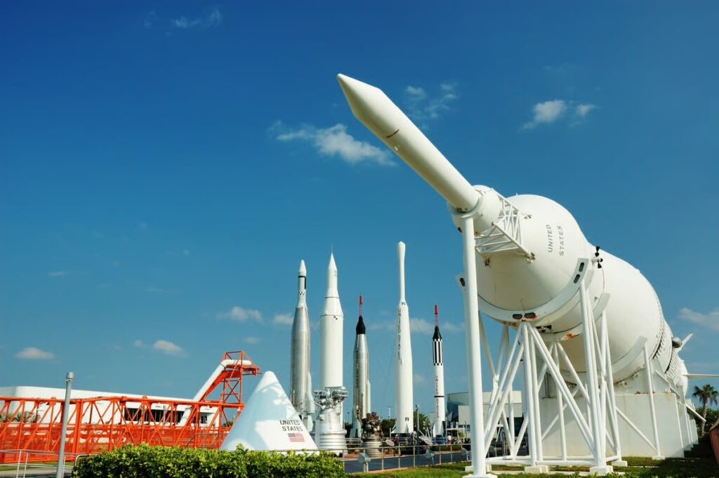 Several rockets at an exhibit.