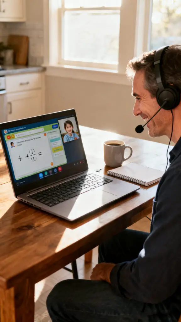A stay-at-home dad wearing a headset smiles while tutoring a student online using a laptop at his kitchen table.