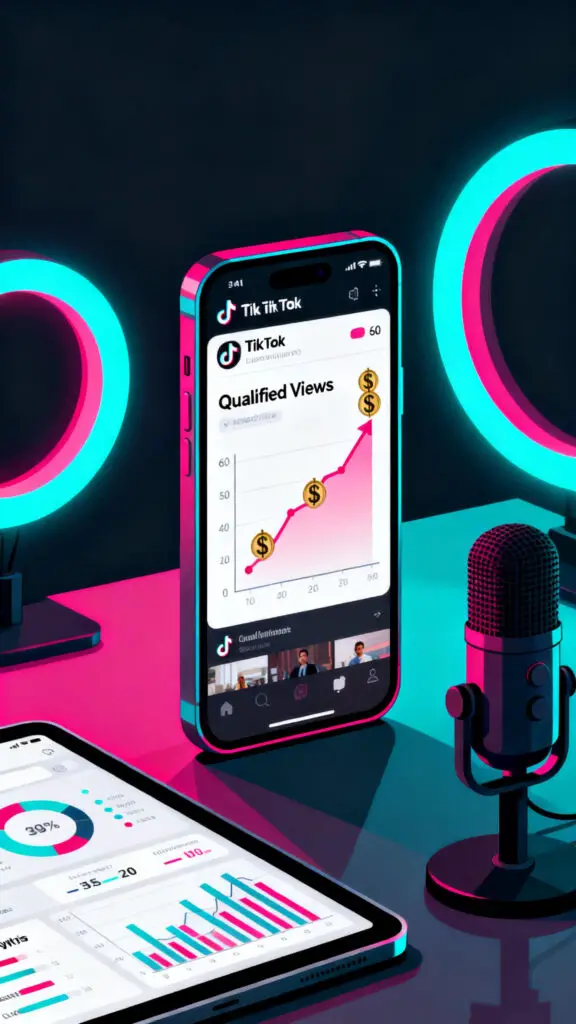Ways to Make Money on TikTok 2 A vibrant vector illustration of an analytics dashboard displaying qualified view growth and payouts from long-form video monetization.