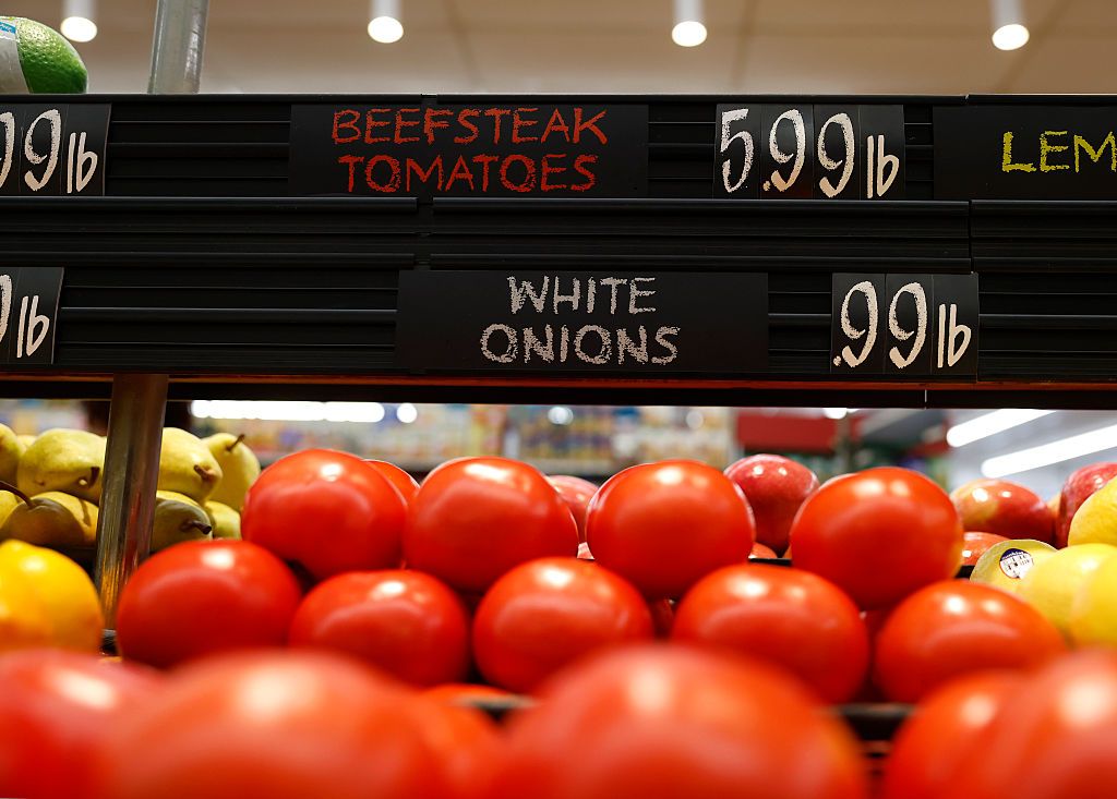 Fresh tomatoes are displayed on a shelf at Bob's Market on April 15, 2026, in Santa Monica, California.