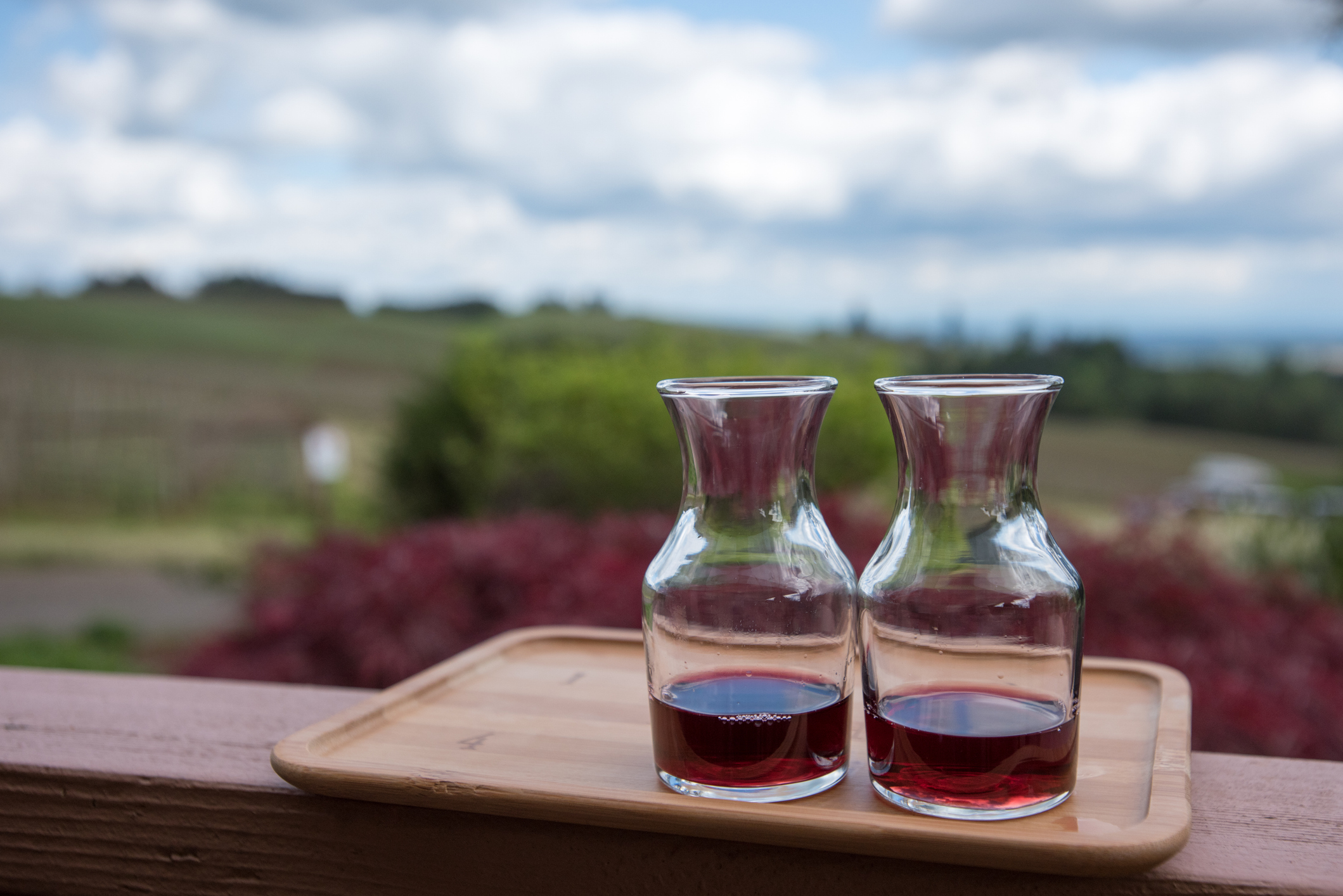 two carafes of wine on a ledge overlooking a vineyard
