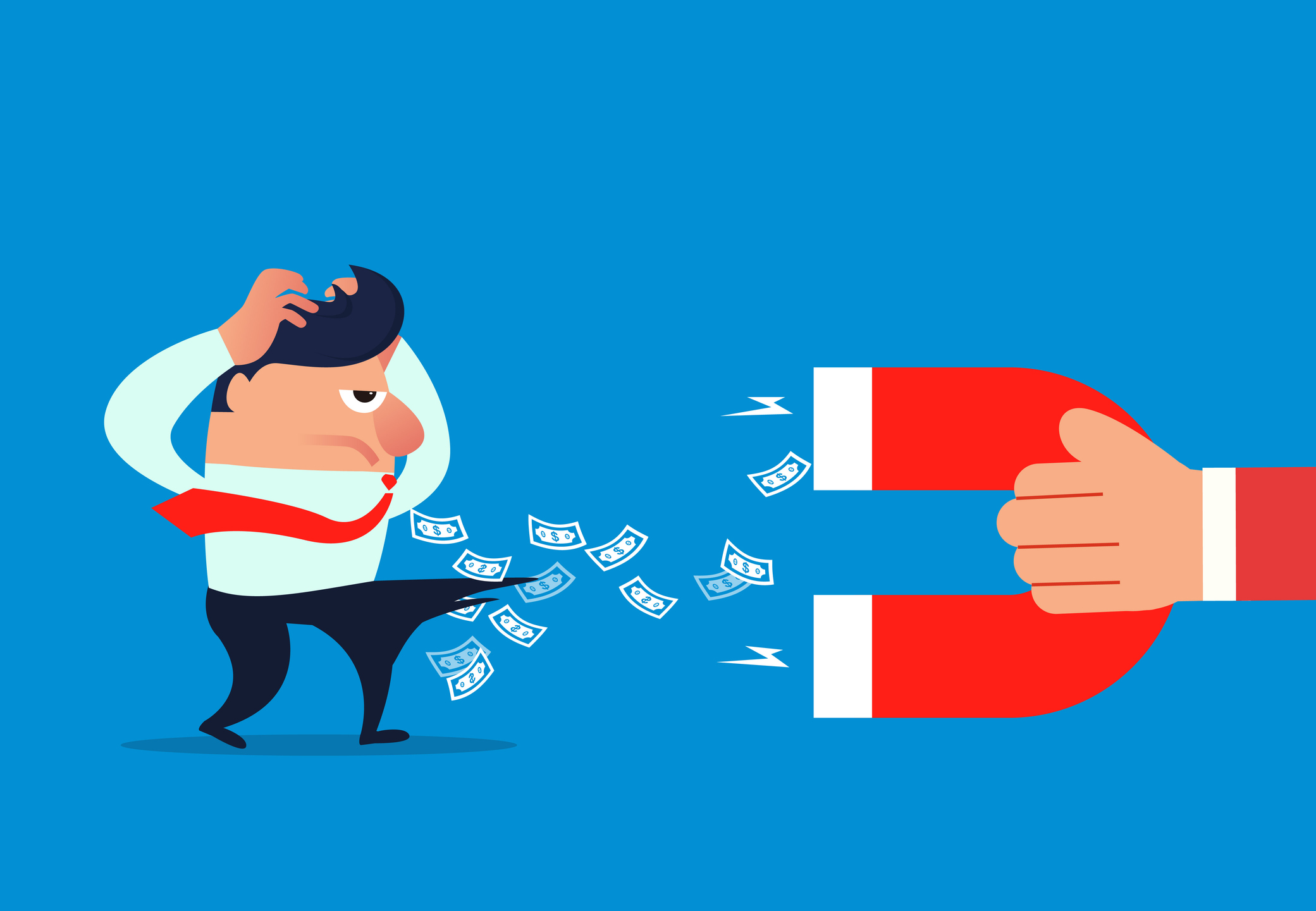 a magnet pulls money out of a man's pocket