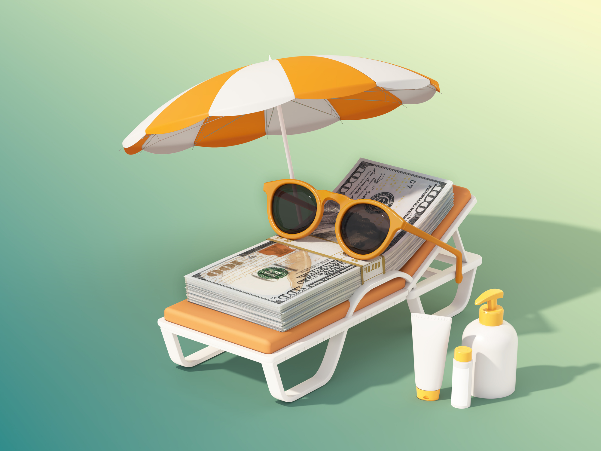 a stack of dollar bills lounging on a beach chair under an umbrella, illustrating your money is safe