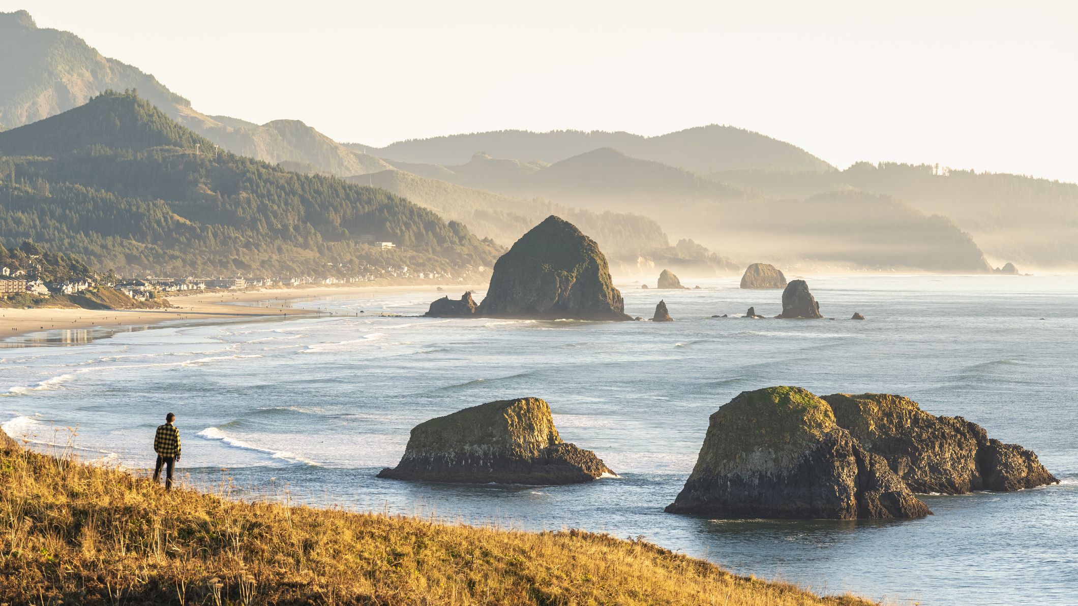 High angle view of a man looking at Cannon Beach and Haystack Rock from Ecola State Park, Cannon Beach, Clatsop county, Oregon, USA.