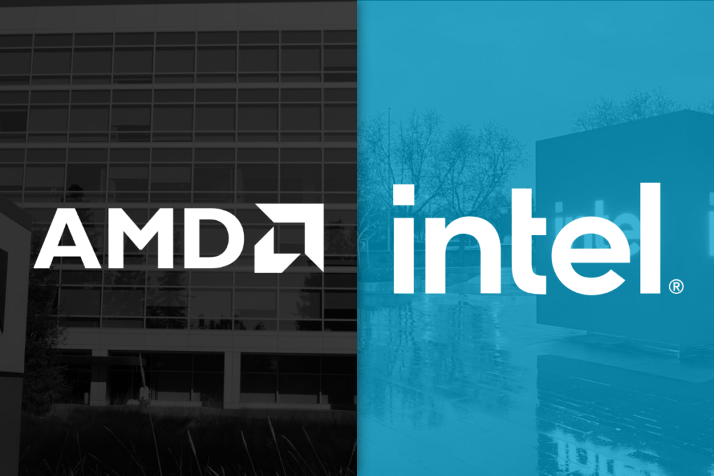 The AMD logo next to the Intel logo.