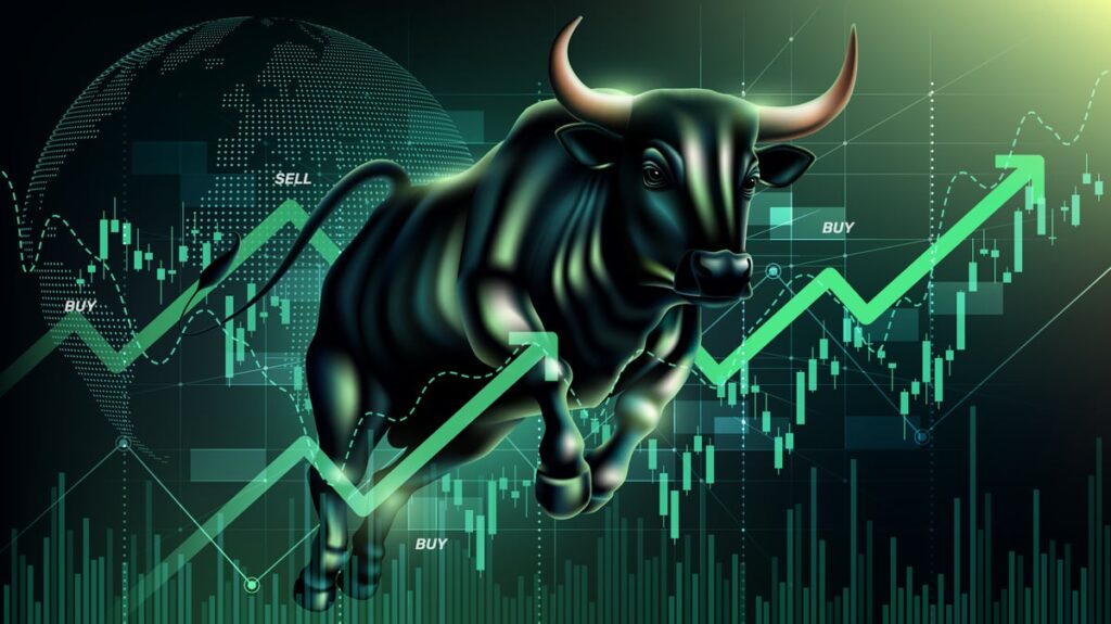 A chart showing a stock price rising.