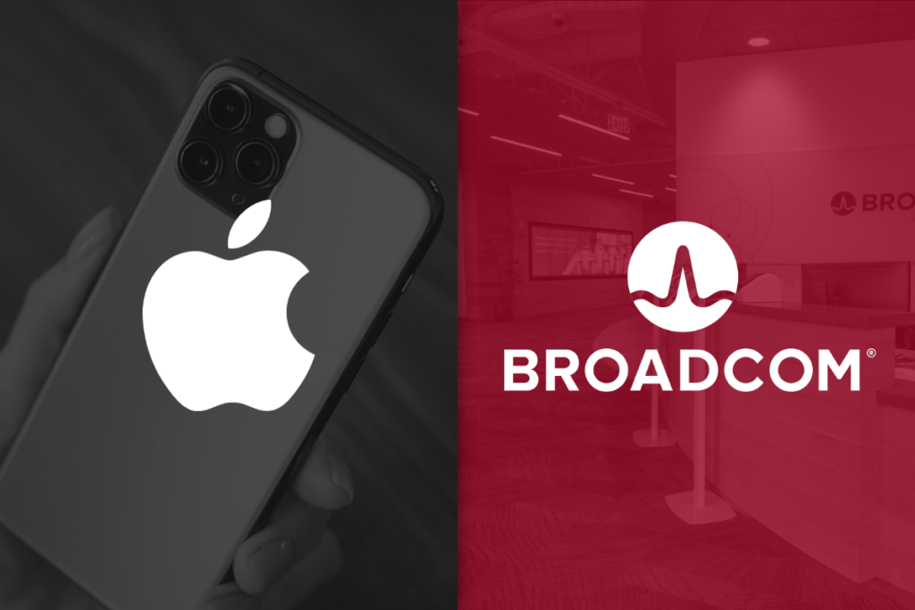 Apple and Broadcom logos over company images.