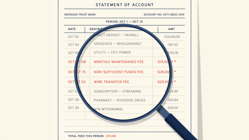 Magnifying glass held over a bank statement, enlarging and highlighting small hidden fee charges among rows of transactions