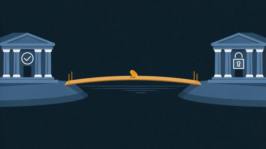 Flat illustration of two bank buildings on separate islands connected by a long bridge, with a single gold coin resting midway, representing an emergency fund kept at a distance from a checking account