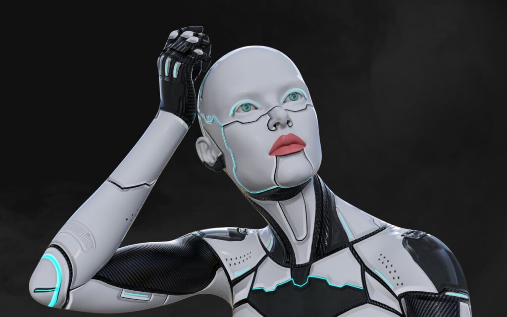 A humanoid robot scratching its white, shiny head.