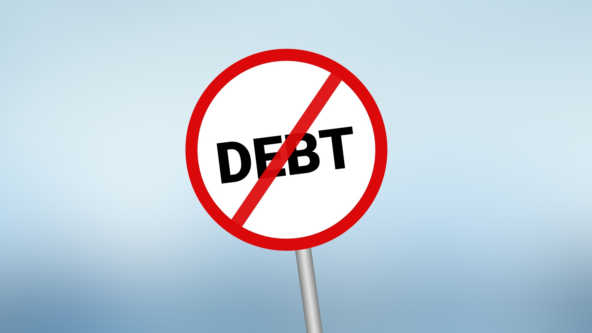 The word "debt" on a sign with a red circle and a slash through it.