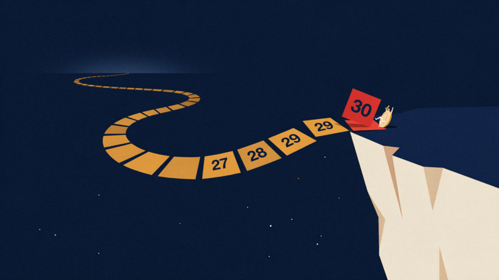 Illustration of a path of calendar tiles leading to a cliff edge marked day 30, with a small coin figure pausing at the brink before the drop