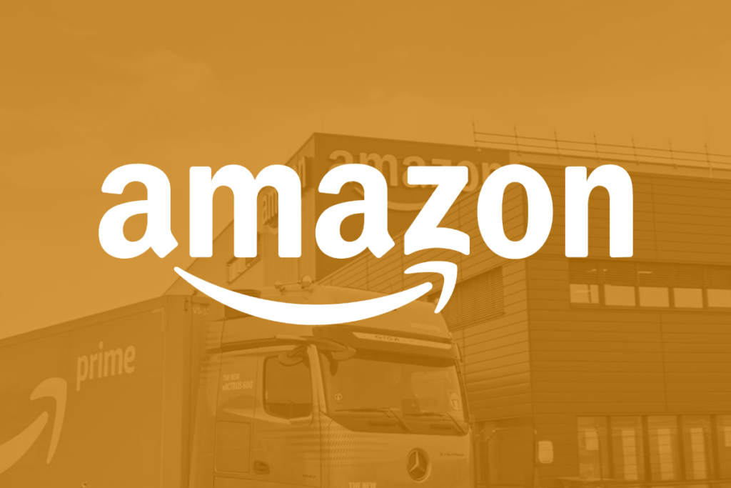 Amazon logo over a tinted background with an Amazon Prime truck parked beside an Amazon warehouse.