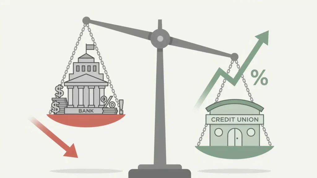 Illustration of a balance scale tipping in favor of a credit union that rises with an upward rate arrow, while a fee-laden bank tower sinks on the heavier side