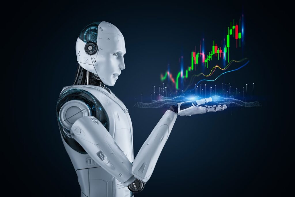 A robot with a rising chart hovering over one hand.