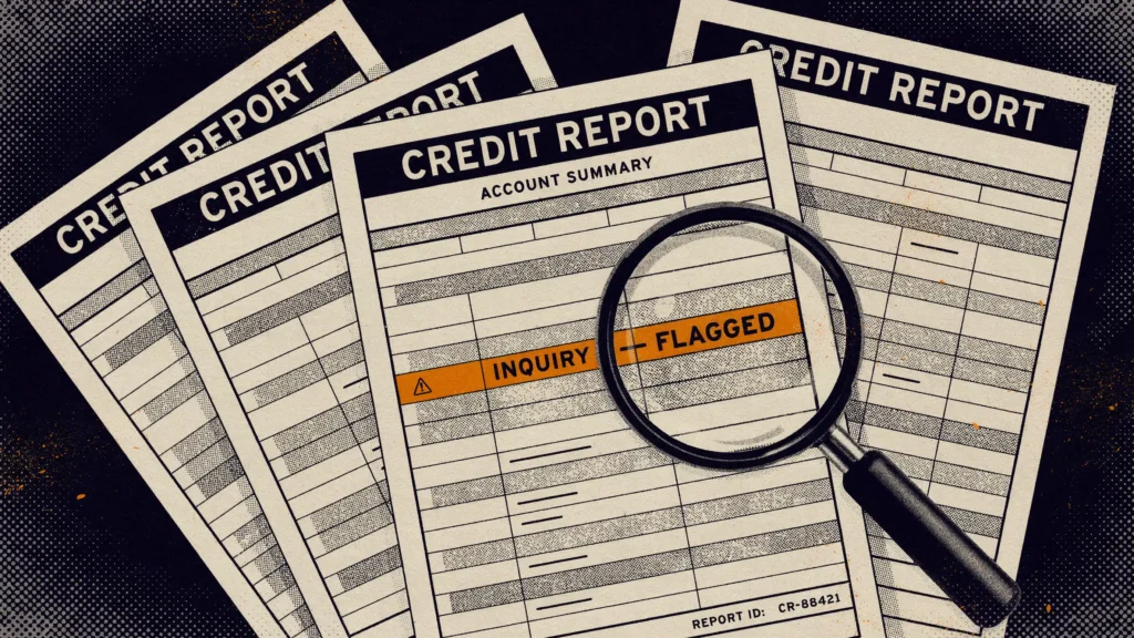 A magnifying glass enlarges one amber-flagged line on three fanned credit reports, spotting an error among the rows.