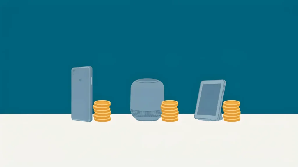 Three grey smart devices in a row, each beside a stack of four gold coins on a cream floor.