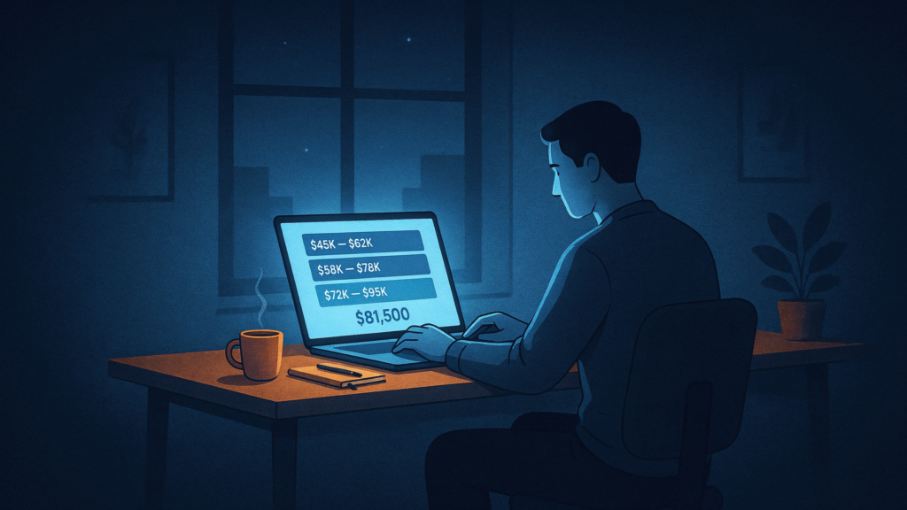 A silhouetted figure at a desk at night studies a glowing laptop displaying salary range bars and one highlighted number.