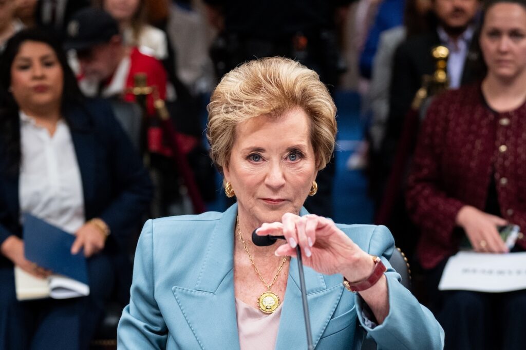UNITED STATES - APRIL 28: Secretary of Education Linda McMahon adjusts her microphone before the start of the Senate Appropriations Subcommittee on Labor, Health and Human Services, Education, and Related Agencies hearing on "A Review of the President's Fiscal Year 2027 Budget Request for the Department of Education" in the Dirksen Senate Office Building on Tuesday, April 28, 2026. (Bill Clark/CQ Roll Call via AP Images)