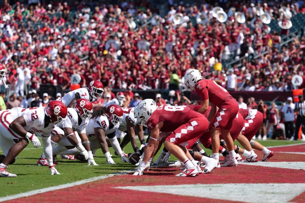 Sep 13, 2025; Philadelphia, Pennsylvania, USA; The Temple Owls line up inside their own endzone against the Oklahoma Sooners in the first half at Lincoln Financial Field. Mandatory Credit: Kyle Ross-Imagn Images