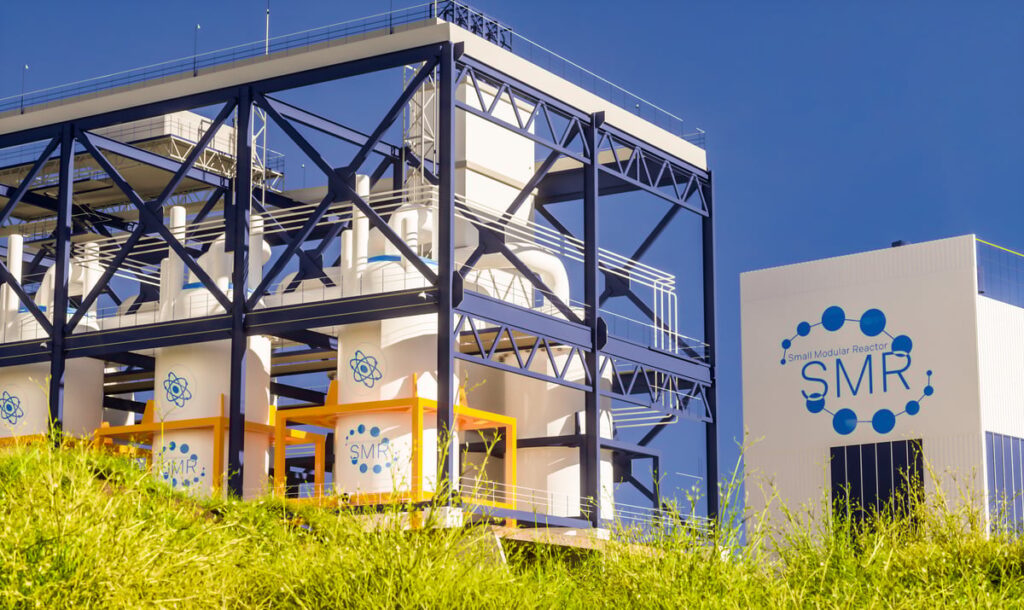 Small nuclear reactors next to a building that says SMR.