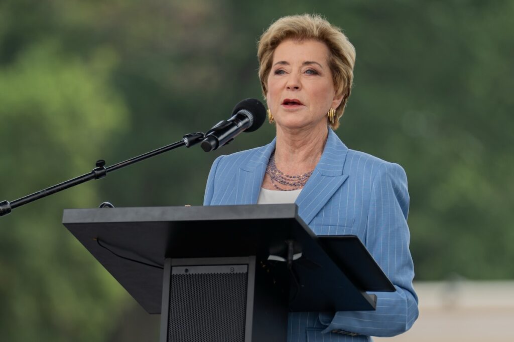July 10, 2026, Washington, District Of Columbia, United States: U.S. Secretary of Education LINDA McMAHON greets visitors during the final day of the Great American State Fair on the National Mall in Washington, D.C. (Credit Image: &copy; Matt Kaminsky/ZUMA Press Wire)