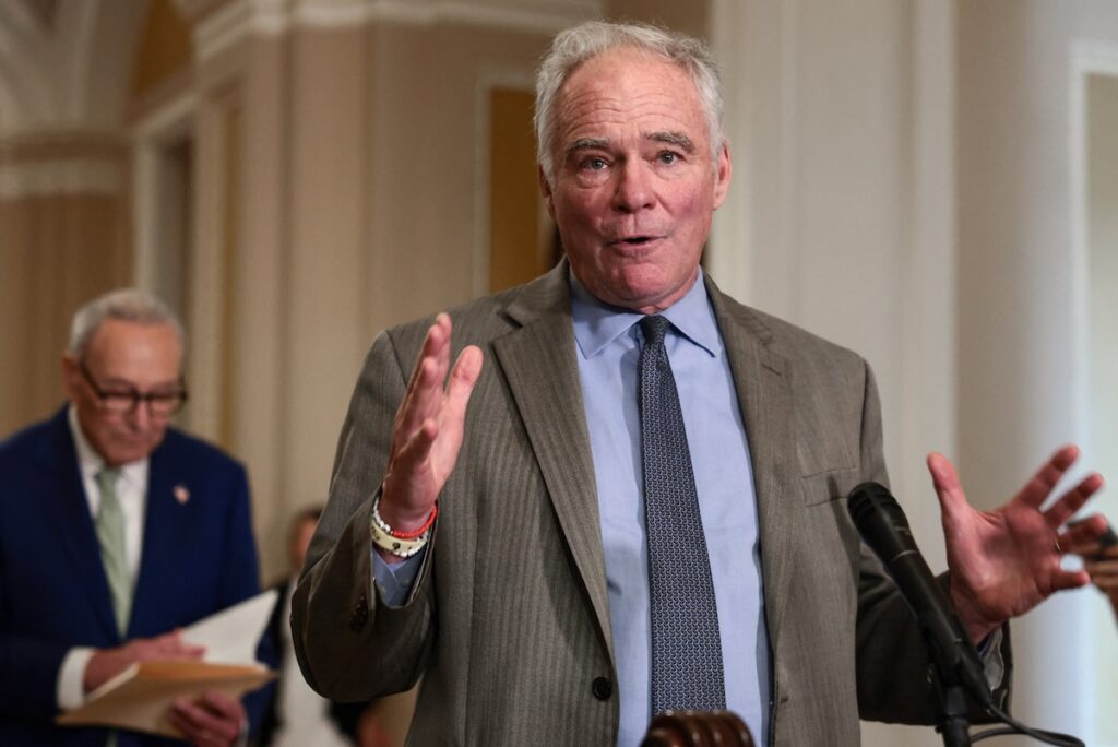 U.S. Senator Tim Kaine (D-VA) takes questions as Senate Democratic leaders hold their weekly press conference on Capitol Hill in Washington, D.C., U.S., July 15, 2026. REUTERS/Evelyn Hockstein