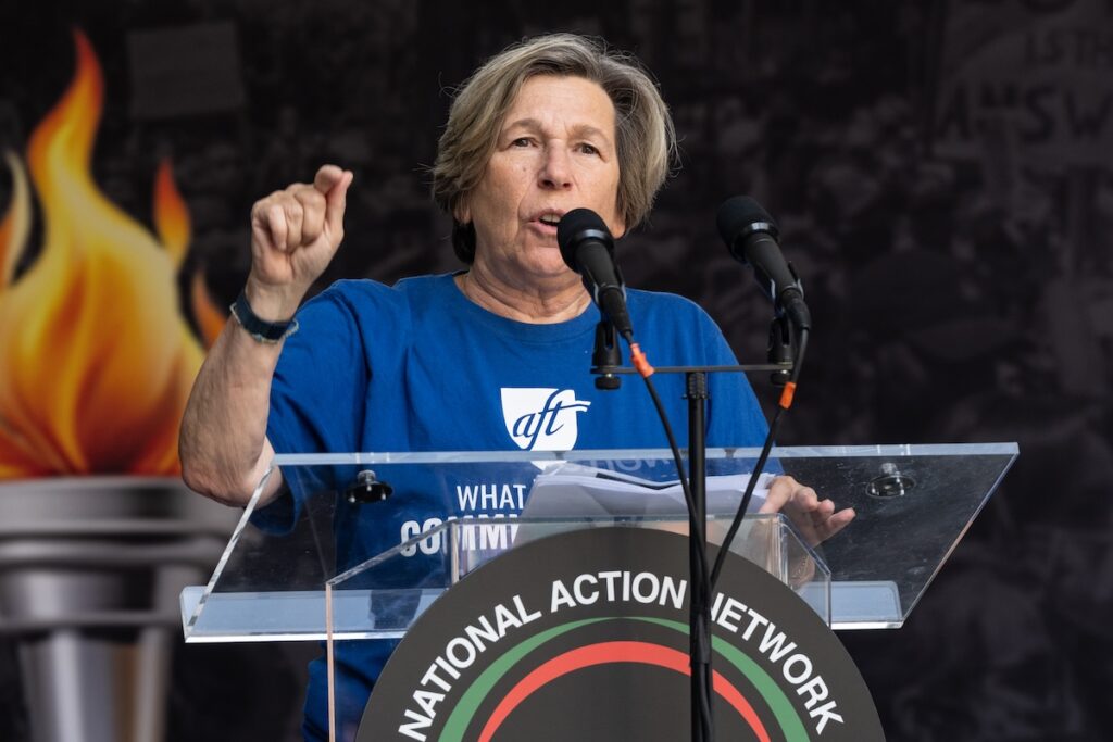 Randi Weingarten, president of American Federation of Teachers speaks during the rally at the end of 'March on Wall Street' organized by NAN. March started on Foley Square and proceeded via Broadway passing Charging Bull sculpture and ended on Whitehall street in New York, NY on August 28, 2025 with the rally. More than 2,500 people attended. They all protested President Trump and his administration abandoning of DEI (Diversity, Equity, and Inclusion) and specifically targeting people of color. (Photo by Lev Radin/Sipa USA)