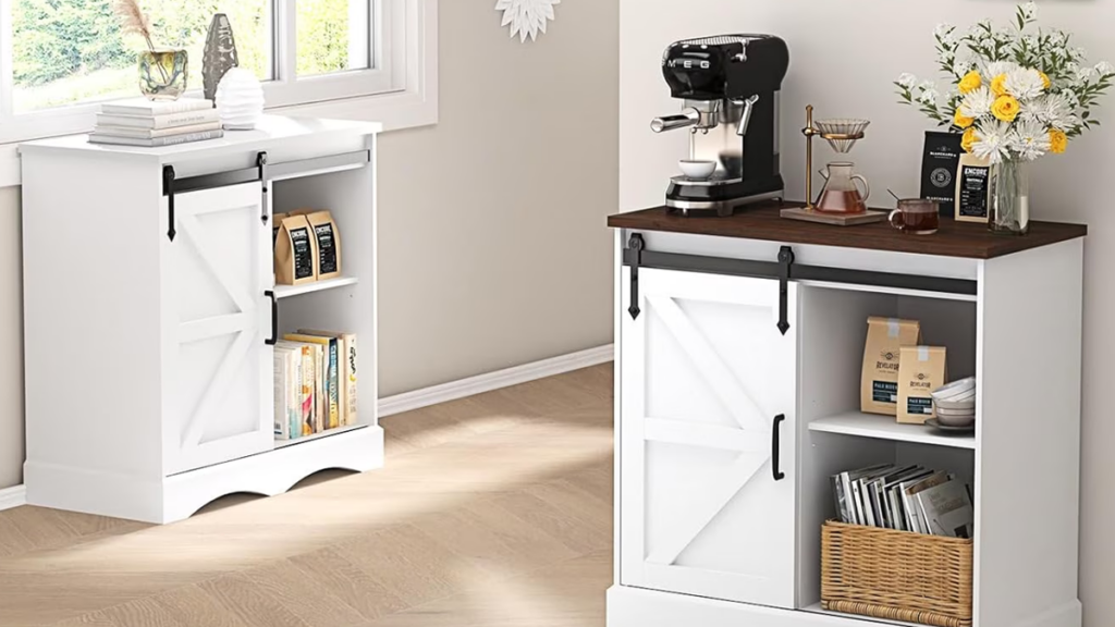 Walmart's $56 farmhouse cabinet has 4 compartments and a sliding barn door