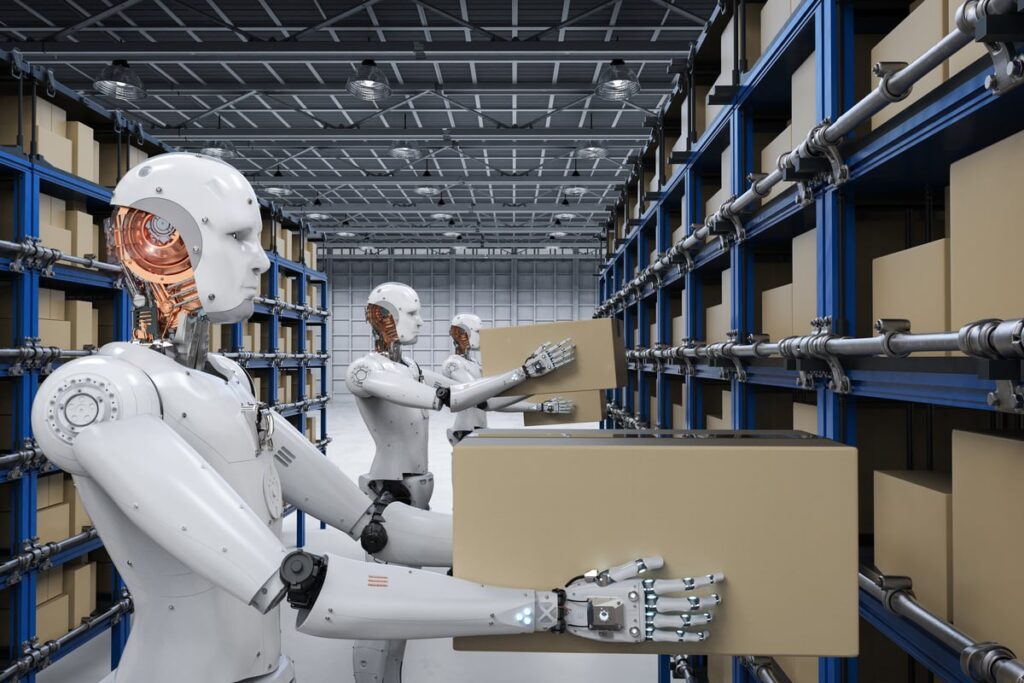 Humanoid robots in a warehouse.