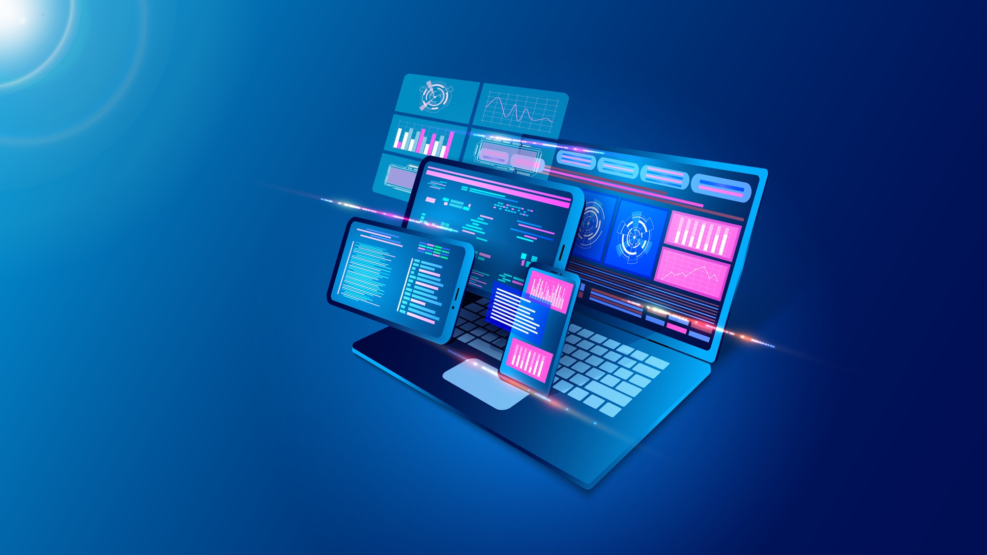 A laptop with various illustrated icons popping out to represent information.
