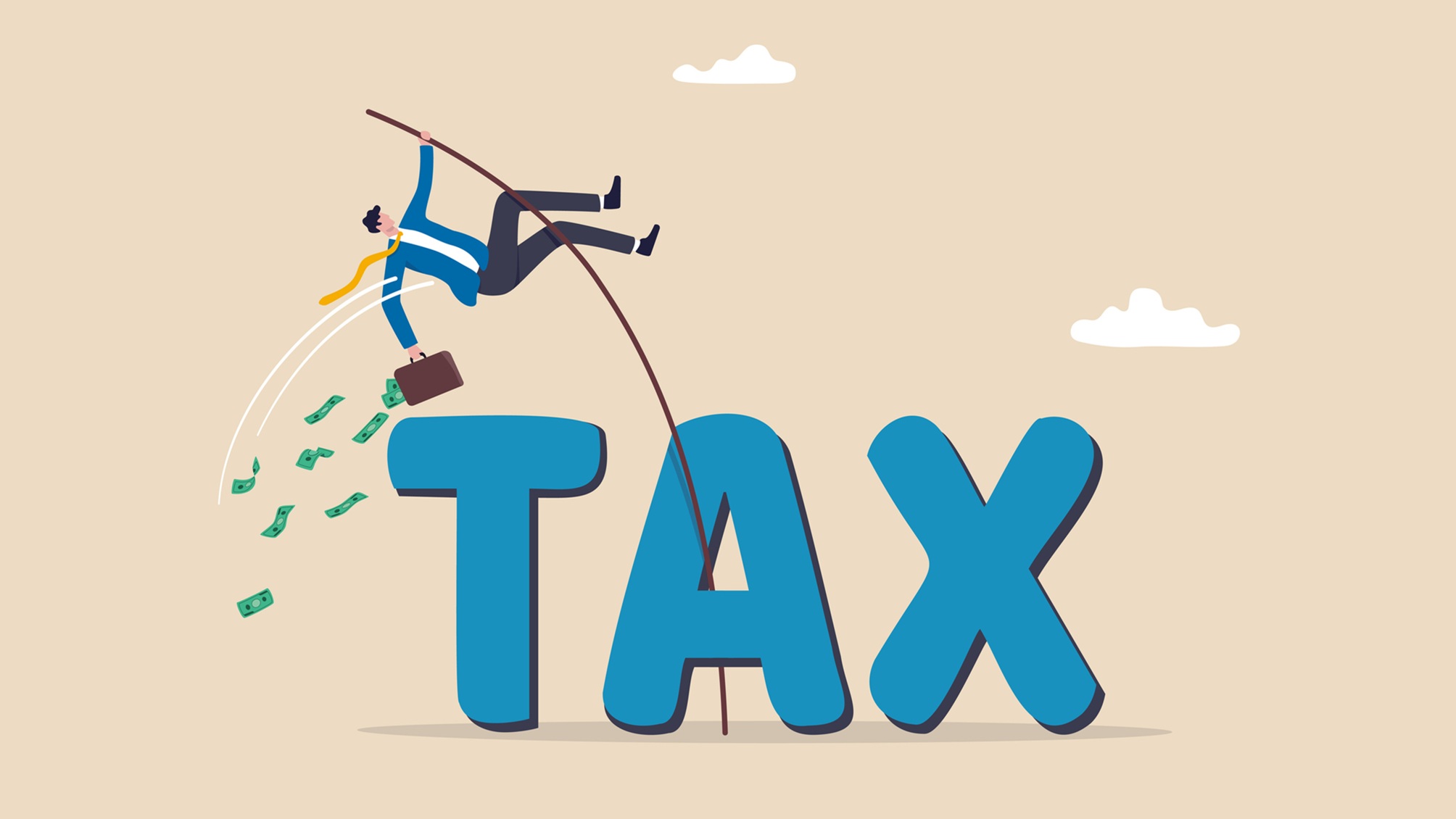 A cartoon illustration of a man pole-vaulting over the word "tax."