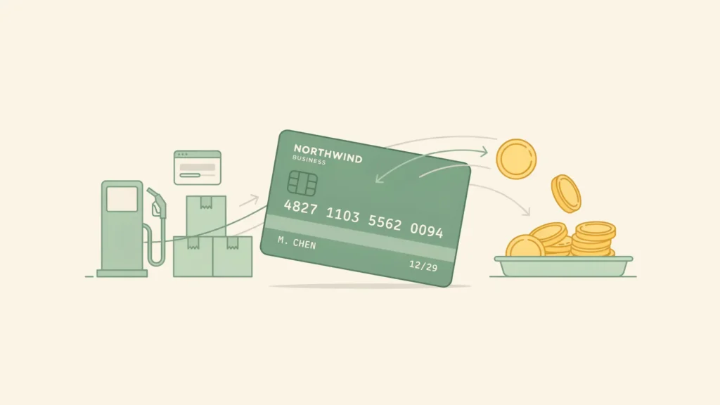 A business credit card funnels fuel, supply, and software icons into a tray of gold reward coins.