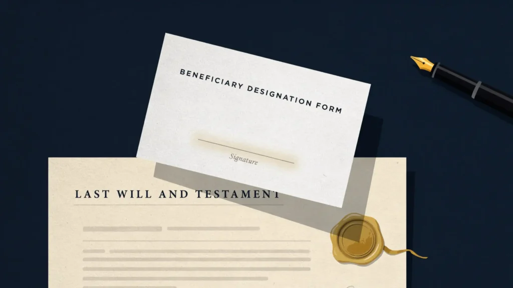 A small beneficiary form rests atop a large wax-sealed will on a dark navy desk, its signature line glowing gold.