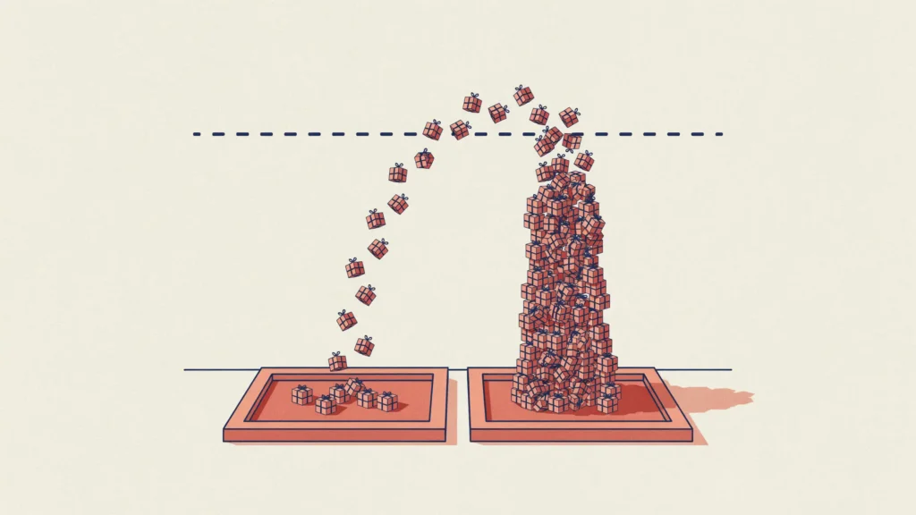 Gift boxes arc from one calendar tile into the next, bunching into a tall column that clears a dashed line.