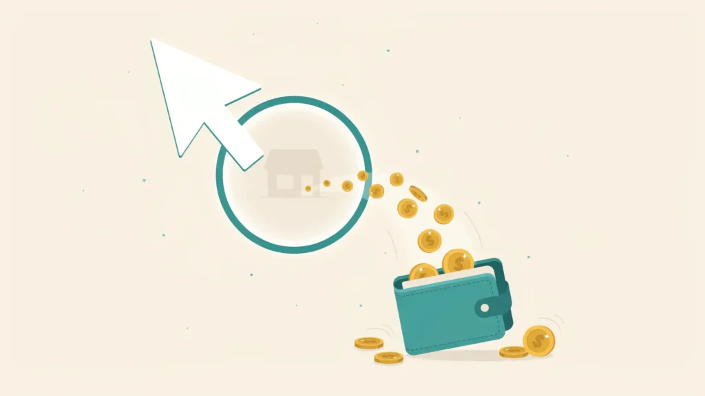 A giant cursor arrow clicks through a glowing round cash back portal while gold coins spill into an open wallet.