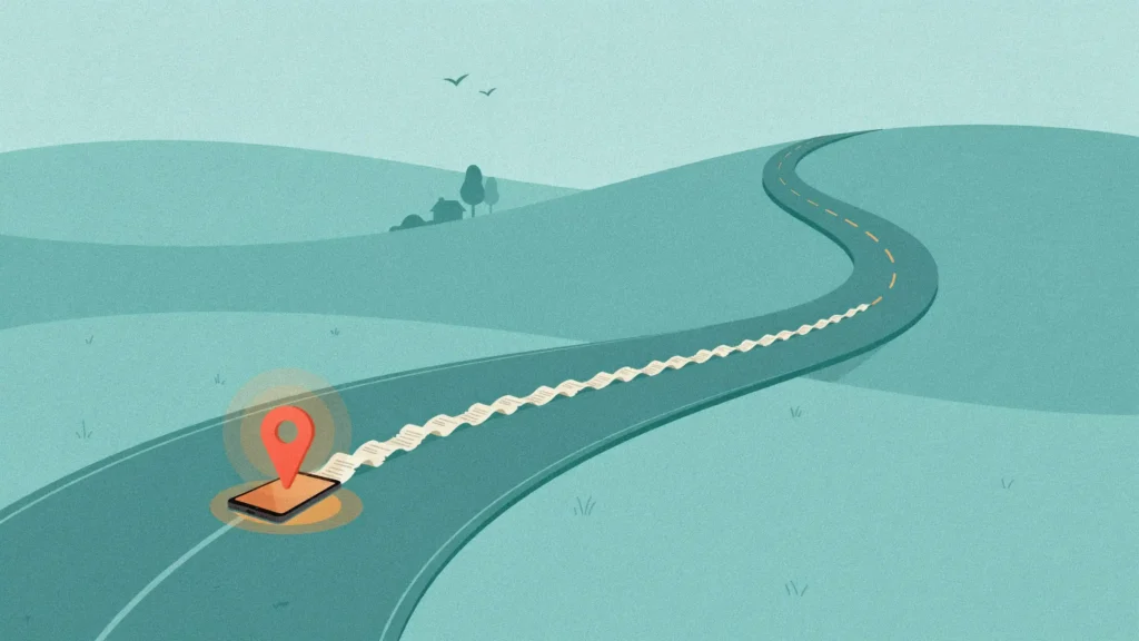 A winding road with a dotted center line of receipts and a location pin marking a phone that logs mileage.