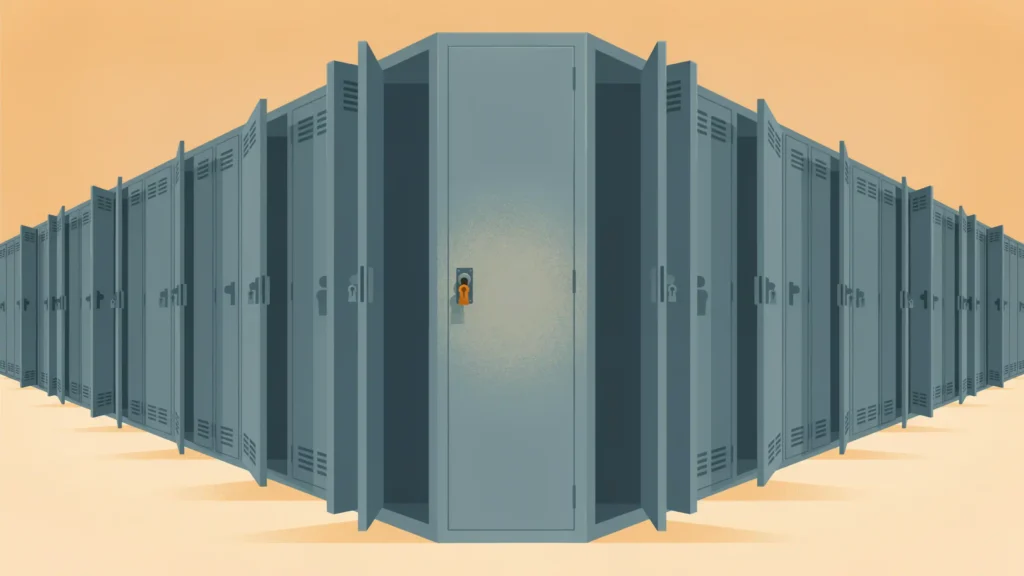 A row of employee lockers standing open and empty, with the one at the centre still locked and dusted over.