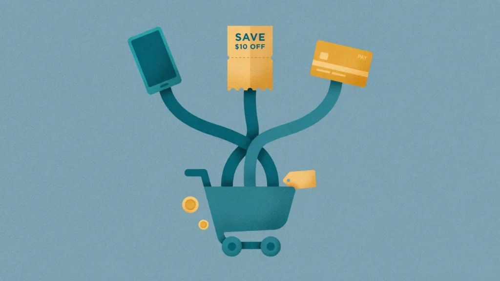 Three colored ribbons flow from a phone, a coupon, and a credit card and merge into a single grocery cart.